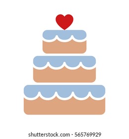Stacked wedding cake dessert with heart topper flat color vector icon for food apps and websites
