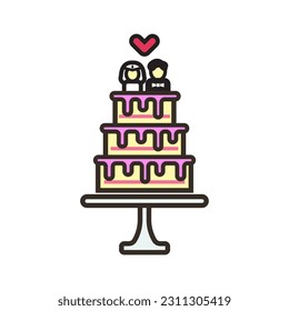 Stacked wedding cake dessert vector icon with couple topper line art vector icon for food apps and websites. Bride and groom cake flat icon, illustration and logo