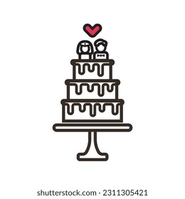 Icono vectorial del postre de torta de boda apilado con un par de ícono vectores de arte de primera línea para aplicaciones de comida y sitios web. Icono, ilustración y logotipo de la línea de torta de novias y novios