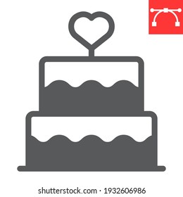 Stacked wedding cake with heart glyph icon, dessert and bakery, love cake vector icon, vector graphics, editable stroke solid sign, eps 10 svg