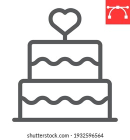 Stacked wedding cake with heart line icon, dessert and bakery, love cake vector icon, vector graphics, editable stroke outline sign, eps 10 svg
