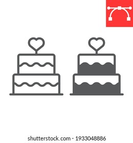 Stacked wedding cake with heart line and glyph icon, dessert and bakery, love cake vector icon, vector graphics, editable stroke outline sign, eps 10 svg