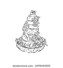 A stacked wedding cheese cake featuring brie, Camembert, Wensleydale, cheddar and other soft and hard cheeses. Finished with grapes and fruit garish. Drawn by hand in black and white vector. 