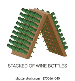 Stacked of wine bottles in cellar. Winery, wine production plant. Wine aging and storage. Industrial wine making. Isolated object on white background. Cartoon vector illustration