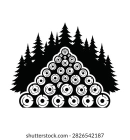 Stacked wood logs and pine tree forest silhouette vector illustration for forestry and logging emblem