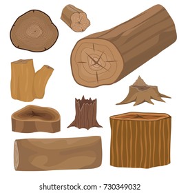 Stacked wood pine timber for construction building cut stump lumber tree bark materials vector set