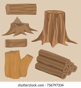 Stacked wood pine timber for construction building cut stump lumber tree bark materials vector set