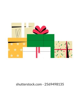 Stacked Wrapped Gift Boxes In Flat Vector Illustration Symbolizing Celebration, Festivity, And Giving, Isolated On White Background