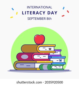 Stacking of Books and Apple Cartoon Illustration International Literacy Day Celebrations.