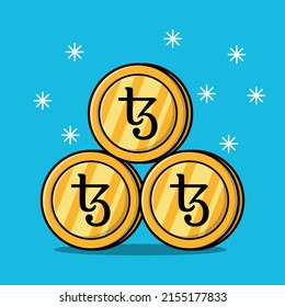 stacking gold tezos coins isolated flat cartoon illustration isolated background