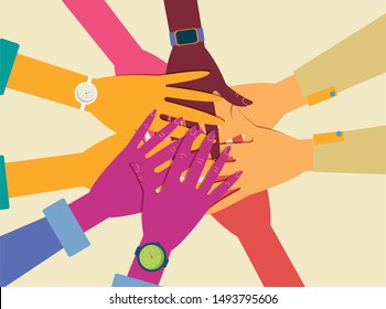 stacking hands, friendship hands, stack of different people hands