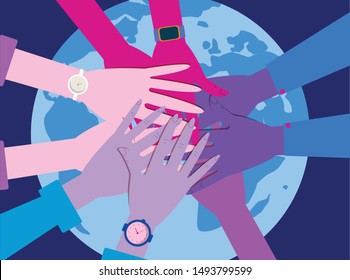 Stacking Hands, Friendship Hands, Stack Of Different People Hands, Intercultural Communication, Interethnic Relations, Politics Of Difference. Modern Flat Vector Illustration.