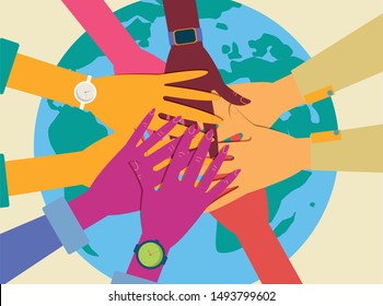 Stacking Hands, Friendship Hands, Stack Of Different People Hands, Intercultural Communication, Interethnic Relations, Politics Of Difference. Modern Flat Vector Illustration.