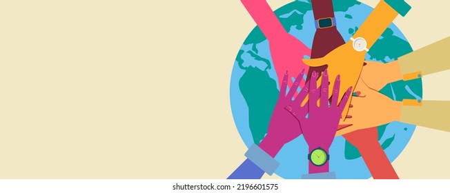 Stacking Hands, Friendship Hands, Stack Of Different People Hands, Intercultural Communication, Interethnic Relations, Politics Of Difference. Modern Flat Vector Illustration Horizontal.