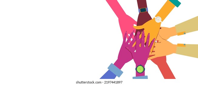 Stacking Hands, Friendship Hands, Stack Of Different People Hands, Intercultural Communication, Interethnic Relations, Politics Of Difference. Modern Flat Vector Illustration Horizontal.