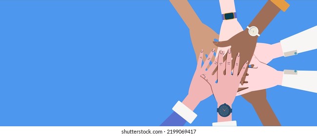 Stacking Hands Of Young Business People Intercultural Communication, Interethnic Relations, Politics Of Difference. Modern Flat Vector Illustration Horizontal.