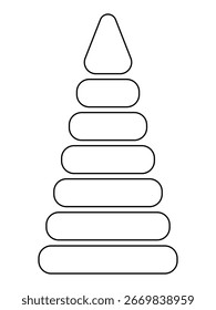 Anéis de empilhamento, brinquedo de pirâmide isolado em um fundo branco. Desenho de contorno, traçado editável. Ilustração vetorial, ícone linear, modelo para coloração.