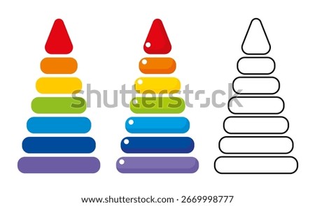 Stacking rings, pyramid toy set isolated on a white background. Outline drawing, editable stroke. Colored icon, vector illustration in a flat style.