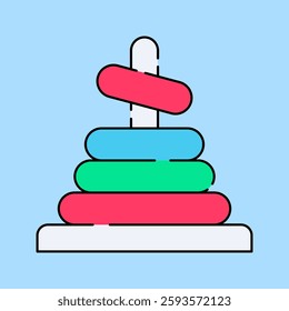 Stacking Toy Flat design style, colorful ring tower toy with a white base, representing early childhood play, ideal for toy shop ads, baby development designs, and learning visuals.