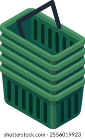 Stacking vibrant green empty shopping baskets with handles positioned upward in isometric view, representing concepts of retail, consumerism, and purchasing in modern commerce