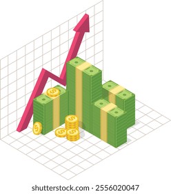 Stacks of banknotes and coins accompanied by a rising red arrow, representing increasing profits, financial success, and robust economic growth in today s market