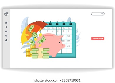 stacks of banknotes and coins. website page Success Investment. Modern flat design concept of web page design for website and mobile website