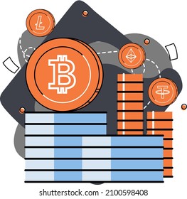Stacks of bitcoins, litecoins, ethereum, tether. Digital payment system, investment in cryptocurrency. Online currency and blockchain technology. Virtual coins, internet money vector illustration