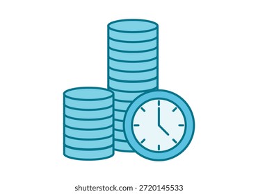 Pilhas de moedas azuis ao lado de um relógio de parede circular para representar o valor do tempo e da economia
