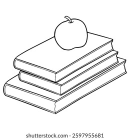 stacks of books and apple illustration hand drawn outline vector