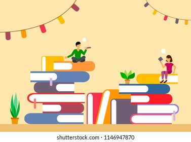 Stacks of books with bookmarks and characters in the style of flat. Vector illustration.
