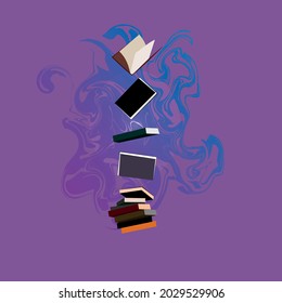 stacks of books float in the air and open books with the pages turned over. Reading, education, e-book, literature, encyclopedia. Vector illustration in a flat style for banners, websites