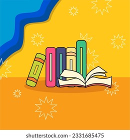 Stacks of books flyer or poster. Pile of books with one of them opened in a flat style. Learning concept.