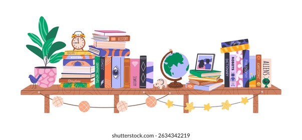 Pilhas de livros e decoração de casa na estante. Coleção de bibliotecas com literatura educacional, romances, enciclopédias. Ilustração horizontal isolada em branco para o Dia Mundial do Livro ou de volta à escola.