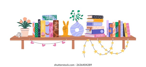 Stacks of books and home decor on bookshelf. Home library collection with educational literature, novels, storybooks, encyclopedias. Isolated horizontal illustration for World Book Day, Back to School