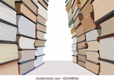 Stacks of books making a corridor with white copyspace in the end. Vector illustration.