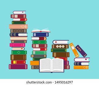 Stacks of books on blue background. Reading, education or bookstore concept. Vector illustration.