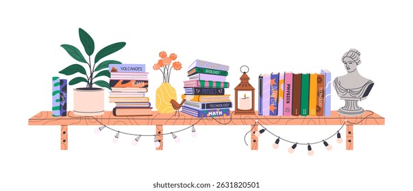Pilhas de livros na estante. Coleção de bibliotecas caseiras com literatura educacional, romances, livros de histórias, enciclopédias. Ilustração horizontal isolada em branco para o Dia Mundial do Livro ou de volta à escola.