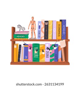 Stacks of books on bookshelves. Home library collection with educational literature, novels, storybooks, encyclopedias. Bookcase with decorative items. Flat vector illustration isolated on white.