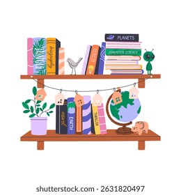 Stacks of books on bookshelves. Home library collection with educational literature, novels, storybooks, encyclopedias. World Book Day or Back to School concept. Flat illustration isolated on white.