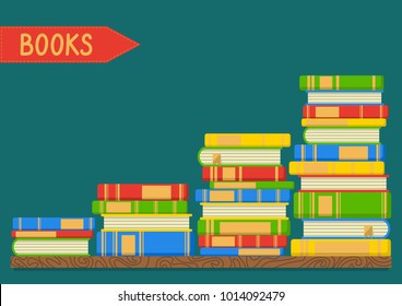 Stacks of books on teal background. Knowledge, education, studying background. Vector illustration with place for your text.