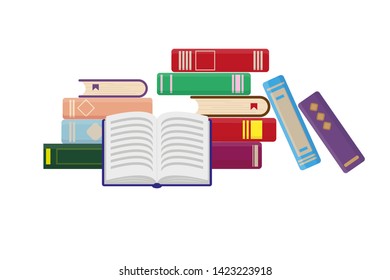 Stacks of books with one open book. Vector illustration in flat design.