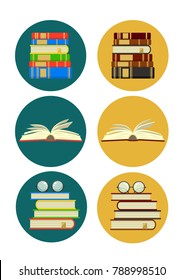 stacks of books and open book in circles. Education, reading; studying signs. Vector illustration.