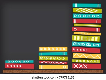 Stacks of books with ornament on dark background. Knowledge, education, studying background. Vector illustration with place for your text.