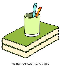 stacks of books and pencil container illustration hand drawn isolated vector