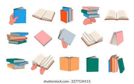 Pilas de libros. Pila de libros de texto para la educación. Libros cerrados y abiertos, literatura, diccionarios, enciclopedias, planificadores. Ilustración del vector