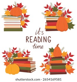Stacks of books with pumpkins and leaves collection. Novel, fairy tale, romance, folk tales, poetry book. It's reading time lettering.