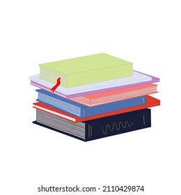 Stacks of books to read, a bunch of textbooks to study. A set of literature, dictionaries, encyclopedias, schedulers with bookmarks. Color flat vector illustration isolated on a white background