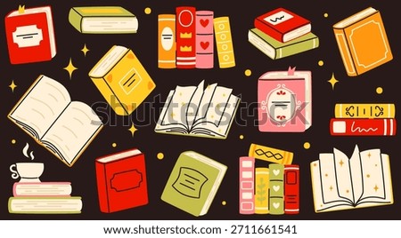 Stacks of books to read on a dark background. Educational literature, back to school.
