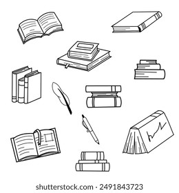 Stacks of books to read, piles of textbooks to study. A set of literature, dictionaries, encyclopedias, planners with bookmarks. Black and white flat vector illustration isolated on white background.