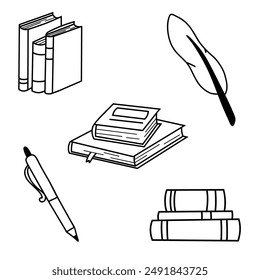 Stacks of books to read, piles of textbooks to study. A set of literature, encyclopedias, planners with bookmarks, pen, 
feather. Black and white flat vector illustration isolated on white background.